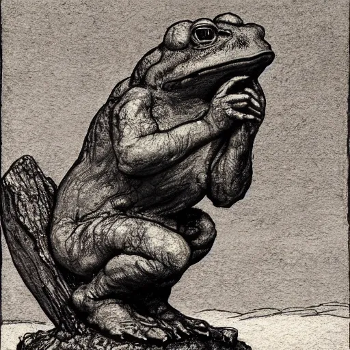 Prompt: toad philosopher toad in a pose The Thinker, in bog, by Auguste Rodin, illustrations by irish fairy tales james stephens arthur rackham, fairy tale illustrations, top cinematic lighting , cinematic mood, very detailed, shot in canon,