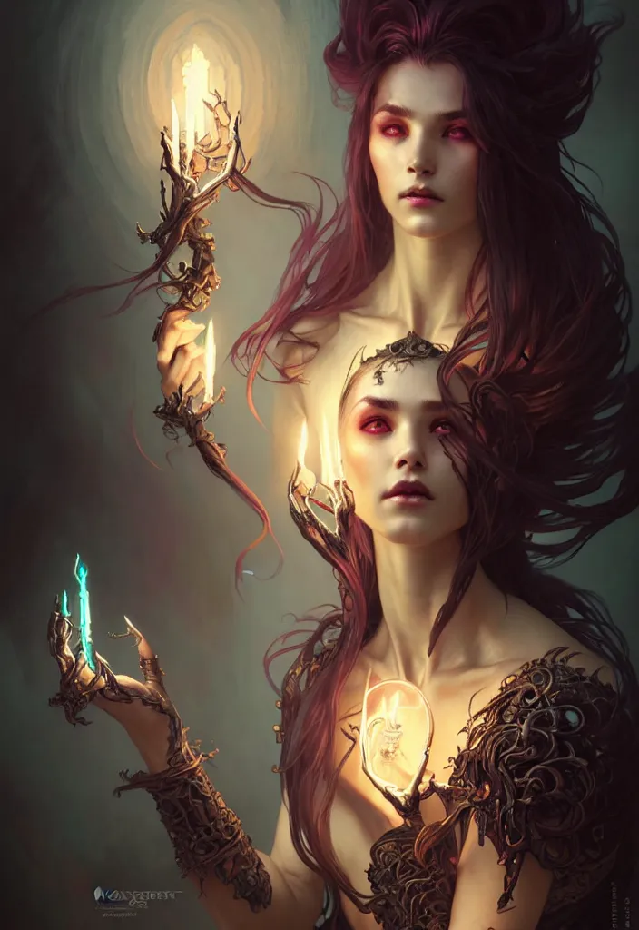 Image similar to Necromancer Sorceress, fantasy magic, undercut hairstyle, dark light night, intricate, elegant, sharp focus, illustration, highly detailed, digital painting, concept art, matte, art by WLOP and Artgerm and Greg Rutkowski and Alphonse Mucha, masterpiece