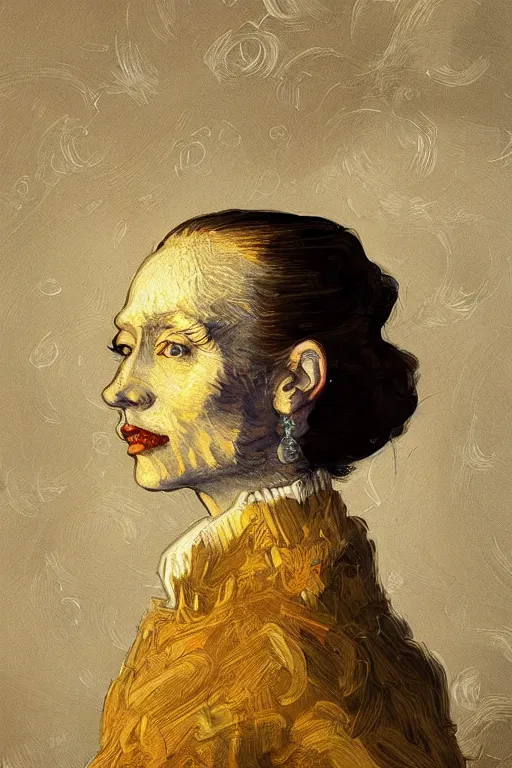 Image similar to portrait of van goh wearing high fashion, staring directly into camera, intricate, elegant, glowing lights, highly detailed, digital painting, artstation, sharp focus, illustration, art by wlop, mars ravelo and greg rutkowski