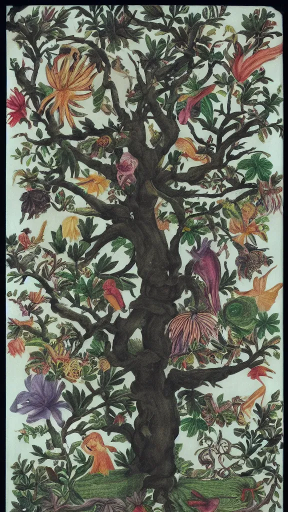 Prompt: tree, super 8 portrait by maria sibylla merian, derek jarman, barbara hammer, 4 k, 8 k, very very beautiful, stunning, twisted, vanishing, ethereal, colourful, detailed