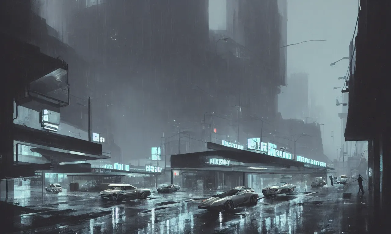 Image similar to high resolution photograph, streetscape, simple brutalist architecture, metal, concrete, wet streets, white neon lights, neon signs, flying cars, pedestrians, greg rutkowski, syd mead, ralph mcquarrie, concept art, matte painting, finely detailed, minimal artifacts, rule of thirds, dynamic lighting, cinematic, denoised, centered, artstation