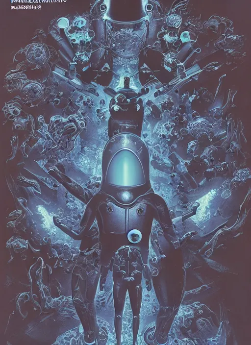 Image similar to symmetrical astronauts in dark and empty void underwater - complex and hyperdetailed technical suit. reflection and dispersion materials. rays and dispersion of light. volumetric light. 5 0 mm, f / 3 2. noise film photo. flash photography. ultra realistic, wide angle. poster by wayne barlowe, hajime sorayama aaron horkey, craig mullins