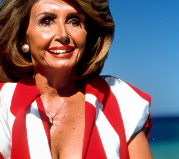 Prompt: color still shot of nancy pelosi on baywatch 1 9 8 9 tv show, face closeup,