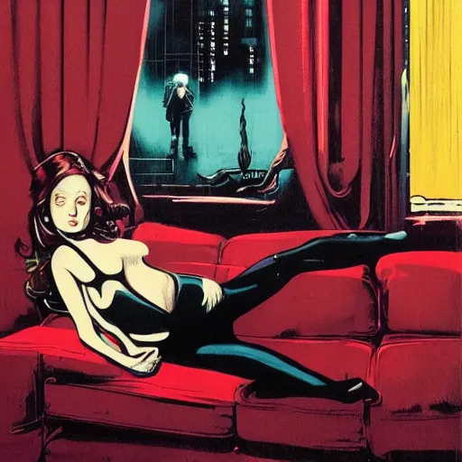 Image similar to female android relaxing on sofa, dark, elegant, cover artwork by philippe caza and Jenny seville, midnight hour, part by francis bacon + adrian ghenie, part by jeffrey smith, part by josan gonzales, part by norman rockwell, part by phil hale, part by kim dorland, rich deep color scheme, artstation, detailed illustration