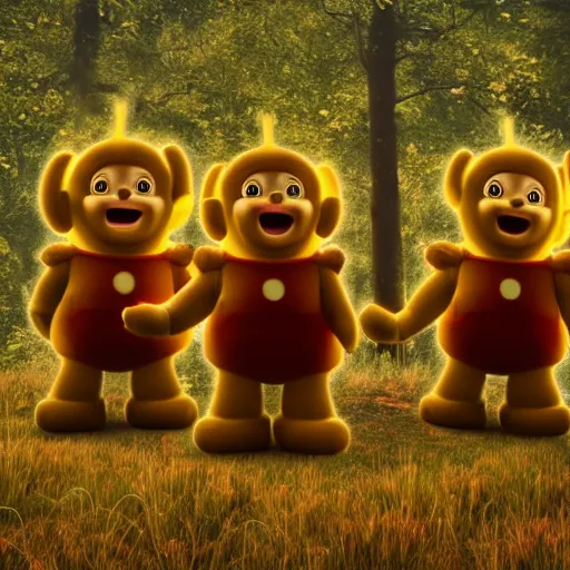 Image similar to A group of 4 Teletubbies that are part of a demonic cult, in the dense woods at night, laughing while in the act making a human sacrifice to Norse gods. Highly detailed, rendered in unreal engine 5, daguerreotype portrait.