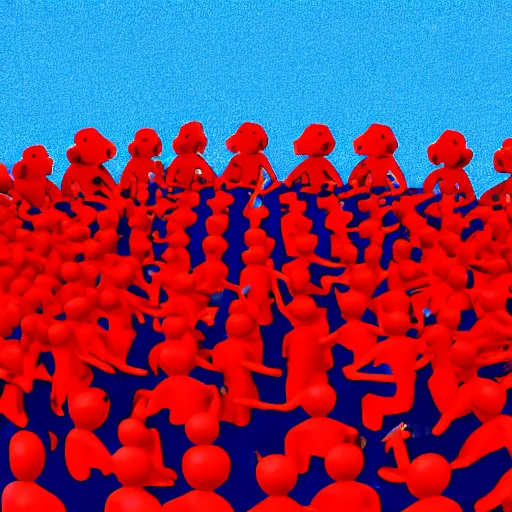 Prompt: a red person inside a giant herd of blue people, pixar graphics quality