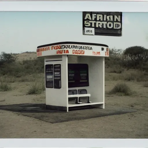 Image similar to old polaroid of futuristic african bus stops