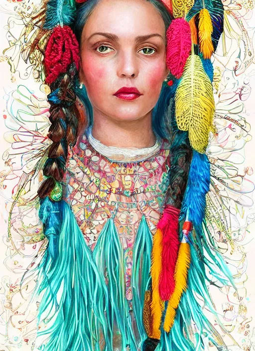 Prompt: beautiful portrait of a mediterranean female wearing fantastic Hand-dyed cotton dress, embellished beaded feather decorative fringe knots ,colorful pigtail,subtropical flowers and plants,symmetrical face,intricate,elegant, highly detailed, 8k,post-processing,digital painting, trending on pinterest, arper's bazaar,concept art, sharp focus, illustration, by artgerm,Tom Bagshaw,Daniel Gerhartz,Albert Aublet,Lawrence Alma-Tadema