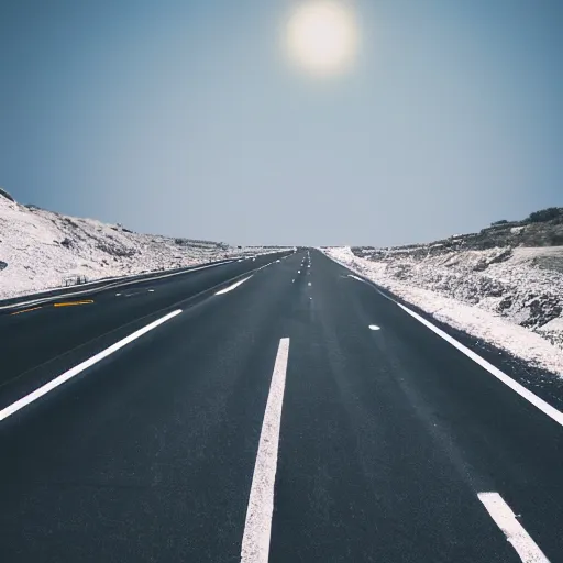 Image similar to parts of the moon are blocking the highway, cinematic, professional photographer