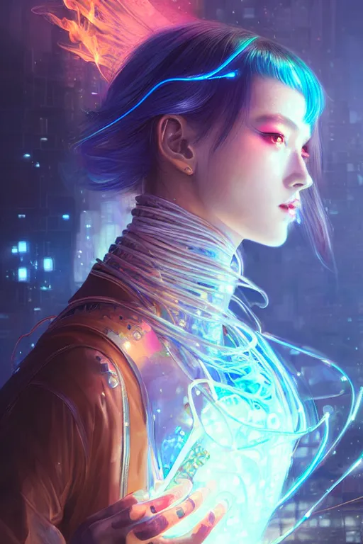 Image similar to portrait futuristic wizard Girl with fire and sparkles, in future cyberpunk tokyo rooftop , ssci-fi, fantasy, intricate, very very beautiful, elegant, human anatomy, human structure, neon light, highly detailed, digital painting, artstation, concept art, smooth, sharp focus, illustration, art by tian zi and WLOP and alphonse mucha