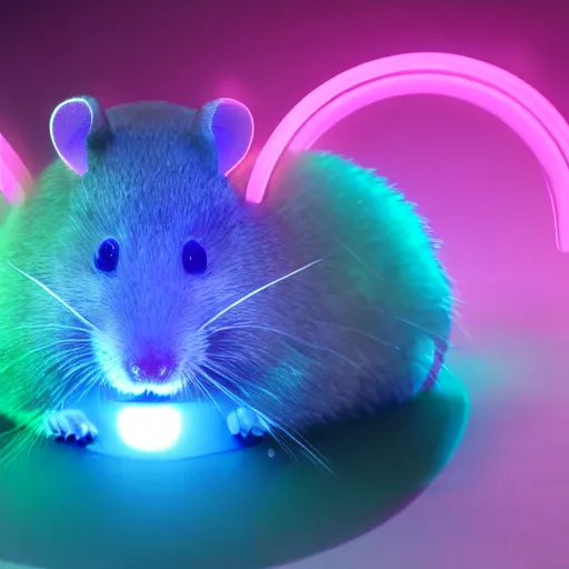 Image similar to cyberpunk hamster! holding rainbow! gem! crystal, neon lights, light reflection, logo, 8 k, hd