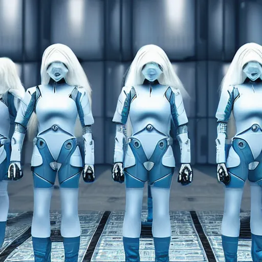 Image similar to troop of grannies with white bob hairdos, tight light blue neopren battle suits, futuristic cloning facility, sci - fi, highly detailed, cinematic