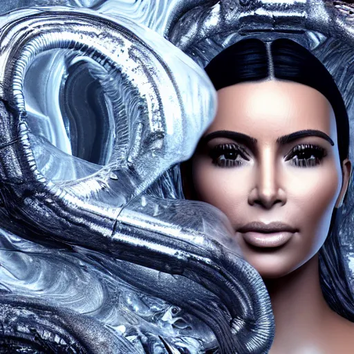 Image similar to epic still of kim kardashian trapped in a transparent alien liquid, wet flowing hair, gooey skin, illustration, unreal engine 5, 8 k, made by h. r. giger