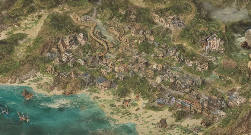 Image similar to Detailed overhead Photorealistic Map of very small poor village in magical world, dragon flies above, cthulhu emerges from the nearby beach, Greg Rutkowski, trending on Artstation