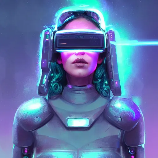 Image similar to cyberpunk concept cool warrior girl bot, galaxy, ufo, space sci - fi, wearing vr goggles, illustration, portrait, pastel neon textured background night, trending on artstation, greg rutkowski, octane rendered, 1 2 k, detailed,