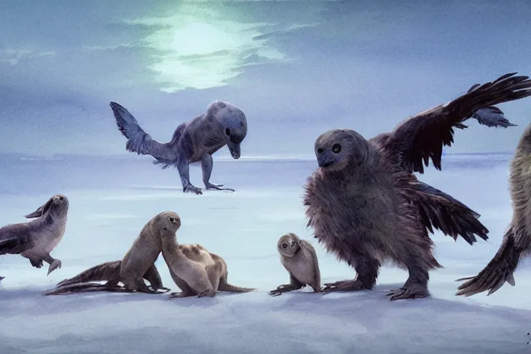 Image similar to a pack of feathered velociraptors hunting a baby harp seal at dawn, ominous intent, water color, art by artgerm and greg rutkowski and alphonse mucha and jin xiaodi and anthony devine