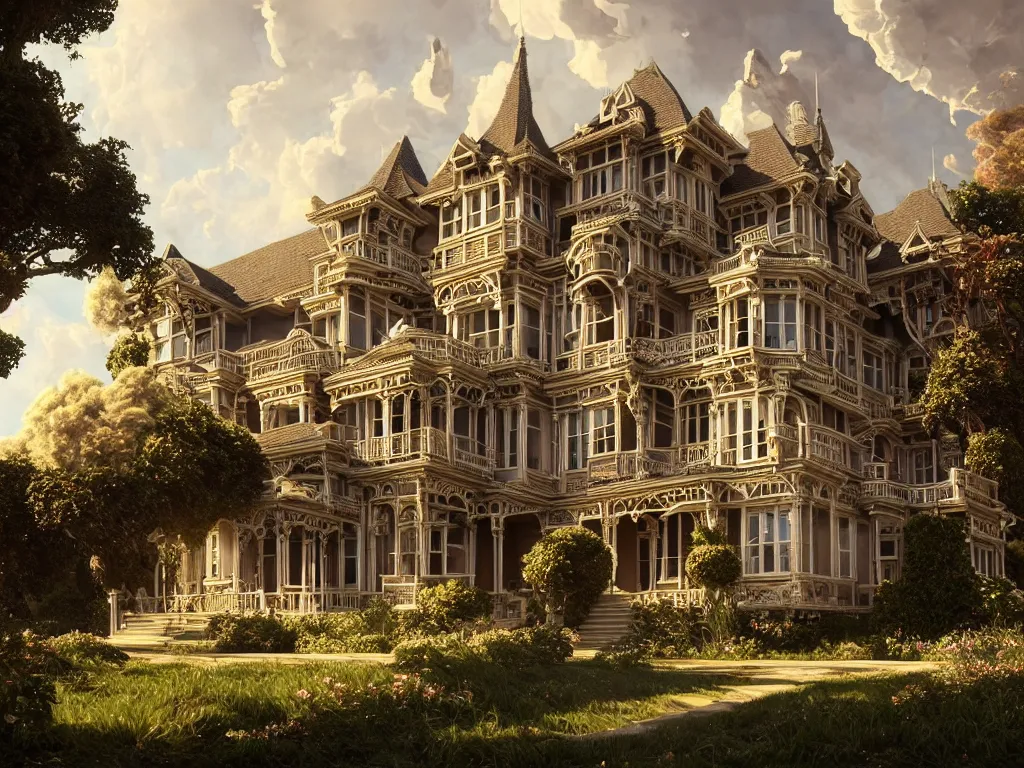 Prompt: gorgeous complex victorian mansion in a beautiful coastal landscape, sunny sky with fluffy clouds, iredescent soft glow bloom effect, dream - like, baroque portrait painting, perfect composition, beautiful detailed, intricate detailed octane render, unreal engine 5, trending on artstation, 8 k, chiaroscuro, masterpiece, raphael, caravaggio, beksinski, ghibli