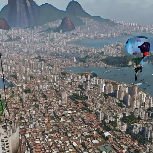 Prompt: view while parachuting down towards the slums of Rio, highly detailed, realistic