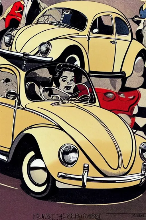 Image similar to Volkswagen Beetle car in the style of a 50s by Frank Hampson and mcbess, 1950s