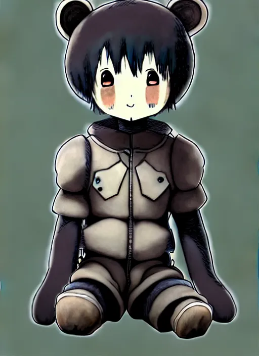 Image similar to beautiful little boy wearing an cyborg bear suit, artwork in kentaro miura and made in abyss and rosdraws, smooth, beautiful lightness, anatomically correct, trending on pixiv, forest