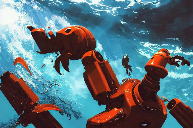 Image similar to incredible screenshot of an underwater swimming robot, dynamic camera angle, deep 3 point perspective, fish eye, dynamic extreme foreshortening of the giant sea monster it is fighting, sunlight pierces the water illuminating the robot, by phil hale, ashley wood, geoff darrow, james jean, 8k, hd, high resolution print