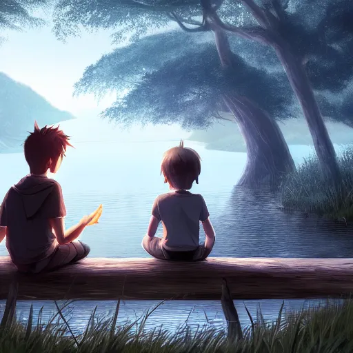 Image similar to a silver dragon and a boy sitting together next to a lake watching firefly at night in forest, concept art, dof, cryengine, digital art, detailed background, makoto shinkai