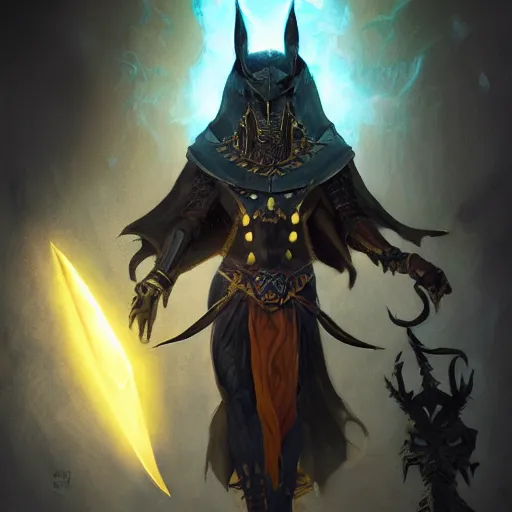 Image similar to Anubis/Lich, magic the gathering artwork, D&D, fantasy, cinematic lighting, centered, symmetrical, highly detailed, digital painting, artstation, concept art, smooth, sharp focus, illustration, volumetric lighting, epic Composition, 8k, art by Akihiko Yoshida and Greg Rutkowski and Craig Mullins, oil painting, cgsociety