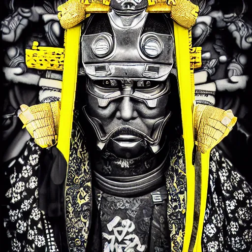 Prompt: portrait old samurai hero, cyberpunk, vibrant yellow colors, surreal, french baroque style by alexander mcqueen, hyper detailed, realistic cinematic, leica 1 9 2 0, black and white