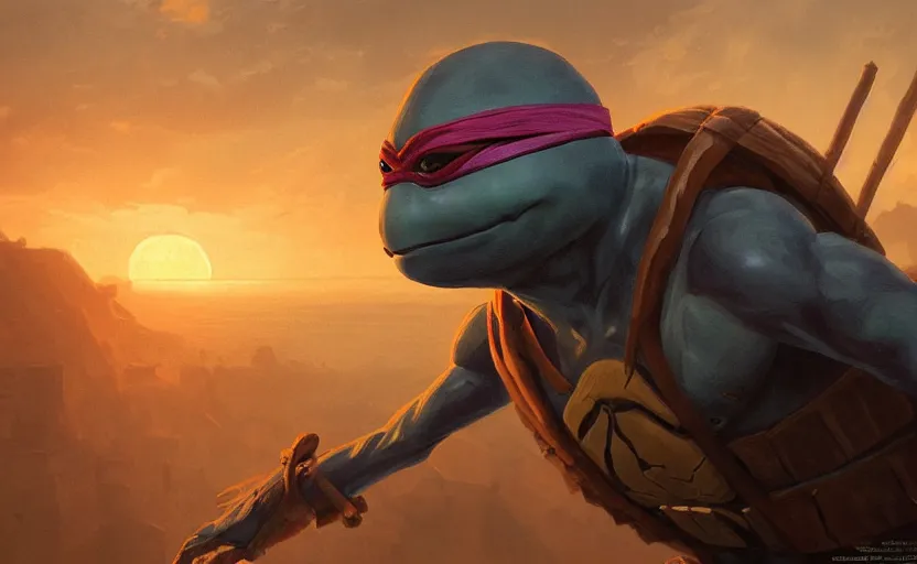 Prompt: painting of ninja turtle at sunset, natural light, concept art, by greg rutkowski, cozy atmospheric and cinematic lighting