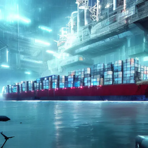 Image similar to photo of Immense industrial futuristic cargo ship arrives at cyber punk city sea port, cinematic lighting, photo