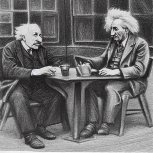 Image similar to Einstein and Tesla sitting at cafe, pencil drawing, ultra detailed