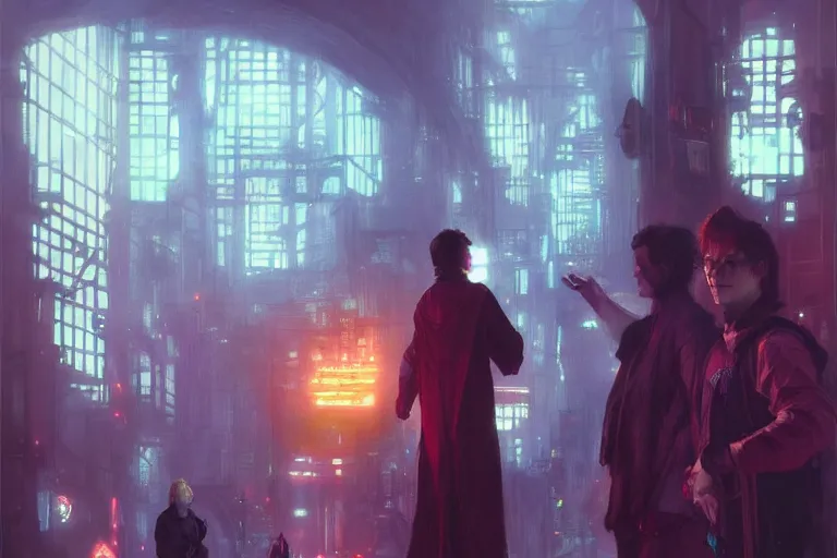 Prompt: Harry Potter in cyberpunk, neon lighting, figure in center, digital art from artstation by Ruan Jia and Mandy Jurgens and Artgerm and william-adolphe bouguereau and Greg Rutkowski and Wayne Barlowe