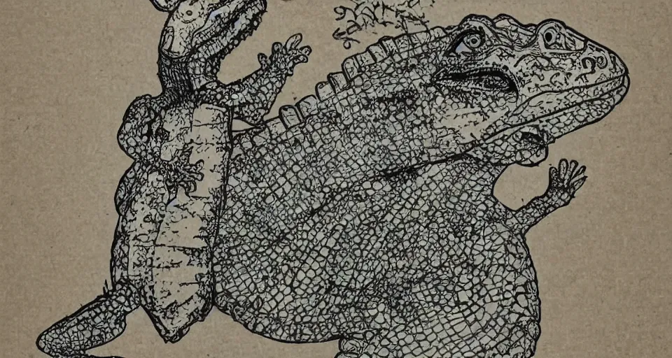 Image similar to an alligator wearing a dress