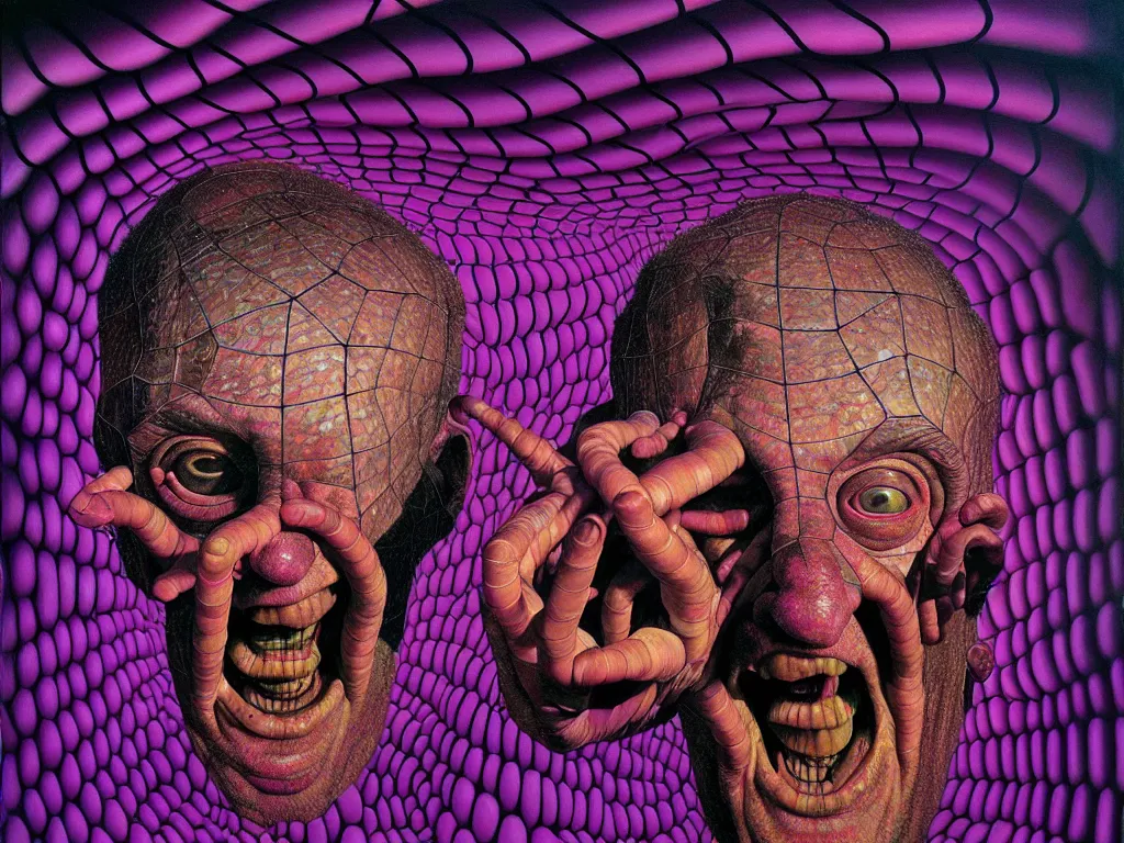 Image similar to hyper realistic painting by chuck close and simon bisley, basil wolverton, depth perception, cinematic horror, kaleidoscopic, dramatic lighting, brightly lit purple room, a web made of snakes