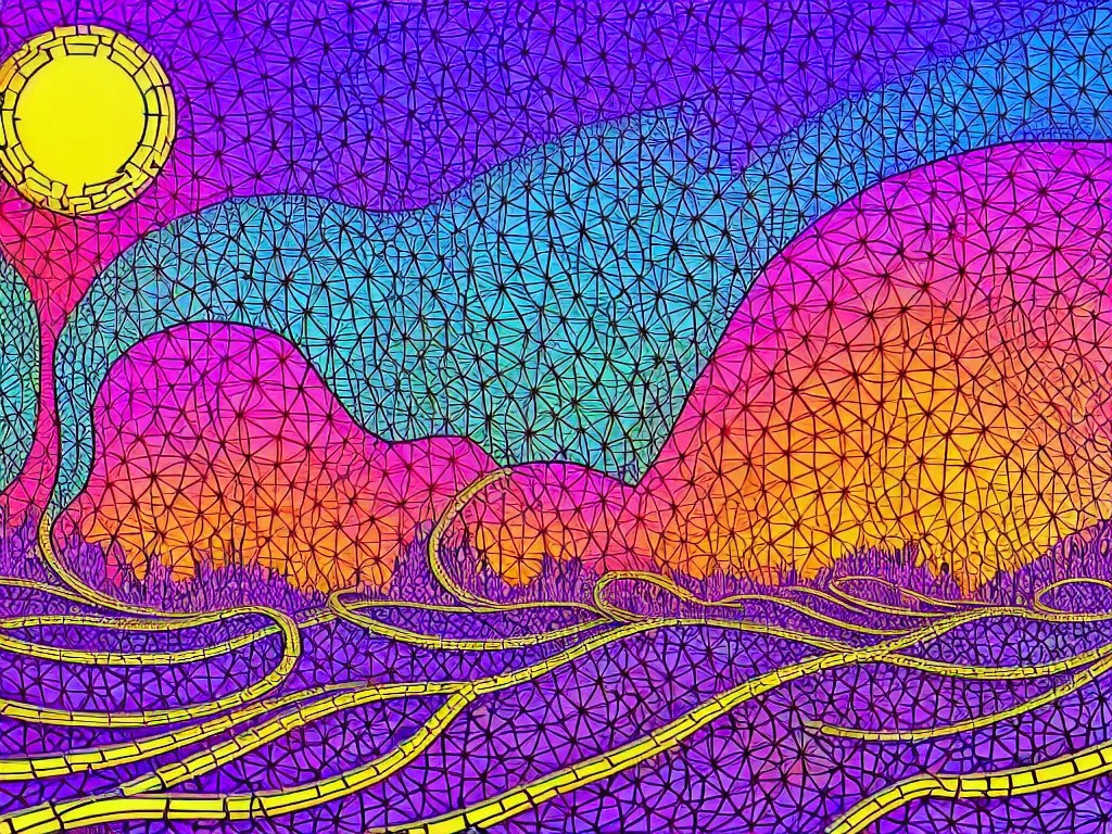 Prompt: a collision of exploding black hearts and white hearts in impressionist form of an endlessly long and winding path through an fantasy village, vivid vibrant geometric art nouveau. trending on pixiv and artstation. an absurdly detailed neon inks painting by a top trending artist, polygonal vector art, wireframe vaporwave sunset