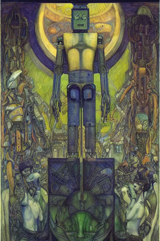 Prompt: the robot in his regalia, by Annie Swynnerton and Diego Rivera and Elihu Vedder, symbolist, dramatic lighting, elaborate geometric ornament, Art Brut, soft blues and greens,smooth, sharp focus, extremely detailed, Adolf Wölfli, octane render