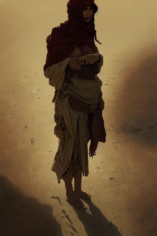 Image similar to a full body portrait of a beautiful post apocalyptic offworld desert bedouin blind beggar by the road, intricate, elegant, highly detailed, digital painting, artstation, concept art, smooth, sharp focus, illustration, art by krenz cushart and artem demura and alphonse mucha