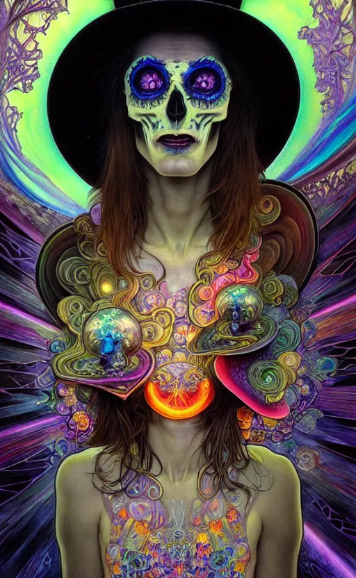 Image similar to An extremely psychedelic celestial undertaker in his black fedora hat, colorful, surreal, dramatic lighting, magic mushrooms, psilocybin, LSD, face, detailed, intricate, elegant, highly detailed, digital painting, artstation, concept art, smooth, sharp focus, illustration, art by Krenz Cushart and Artem Demura and alphonse mucha