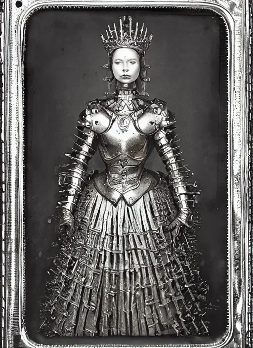 Prompt: old wetplate daguerreotype frame portrait of a futuristic silver armored pretty queen elisabeth emperor district 9 cyborg, fractal, intricate, elegant, highly detailed, subsurface scattering, by jheronimus bosch and greg rutkowski and louis jacques mande daguerre