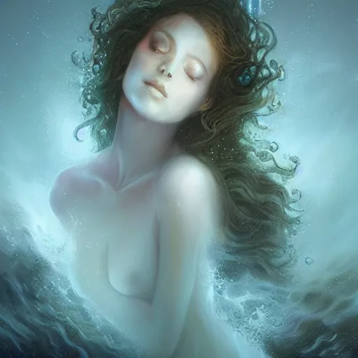 Image similar to nature goddess rising out of the water by charlie bowater, beautiful, bioluminescent, ethereal, mist