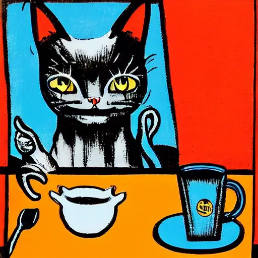 Image similar to a cat sitting at a table next to a cup of coffee, a pop art painting by art spiegelman, flickr, pop art, pop art, woodcut, lowbrow