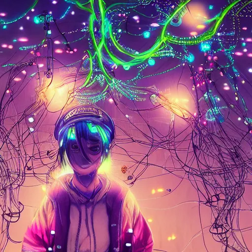 Image similar to anime girl electronic circuitry, with fireflies with a thick mane of bioluminescent vines and flowers by basqiuat, ralph steadman, street art, trending on artstation, dramatic lighting, octane render, weta digital, trending on deviant art, deepdream, ray trace