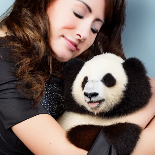 Prompt: portrait of brunette cocktail waitress hugging a panda bear as they fall asleep