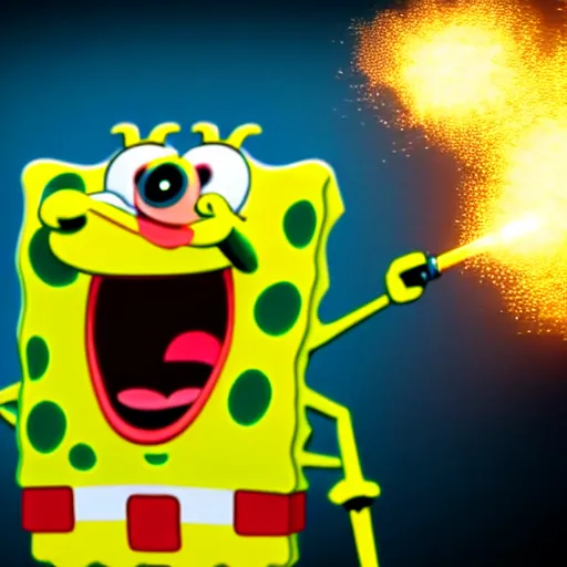 Image similar to high detail full body shot of spongebob squarepants shooting a machine gun with muzzle flash, cinematic framing, cinematic light, hard shadows,