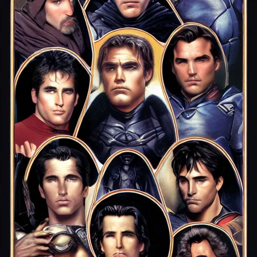 Prompt: Val Kilmer, George Clooney, Christian Bale, Ben Affleck, Robert Pattinson pre-raphaelite portrait, artgerm JSC, J. Scott Campbell