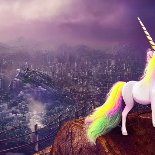 Image similar to a iridescent unicorn on a cliff overlooking a dystopian city covered in toxic smog, ultra realistic, concept art, intricate details, highly detailed, photorealistic, octane render, 8 k, fantasy art