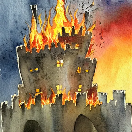 Prompt: a burning castle, detailed watercolor, storybook illustration