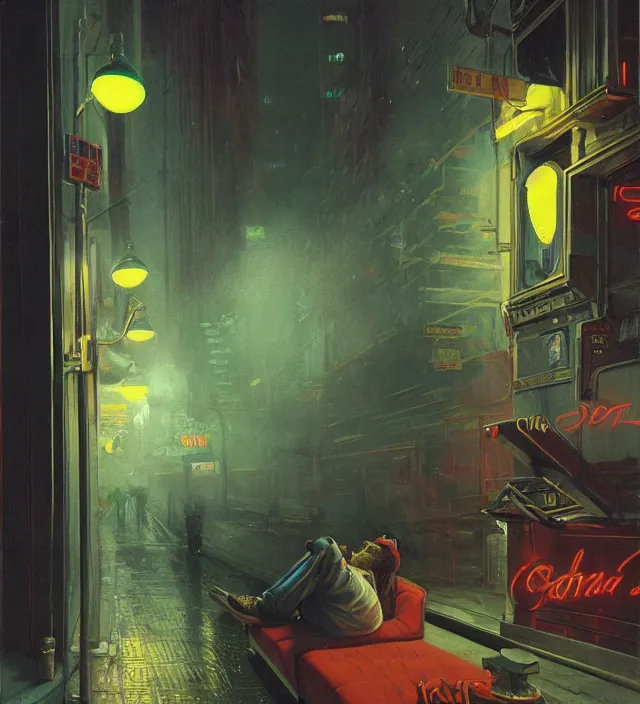 Image similar to foggy neon night, eric cartman leaning back against a wall smoking a cigarette outside a neon lit entrance, 1 9 7 0 s, intricate, moody, tasteful, intimate, highly detailed, short focus depth, artgerm, donato giancola, joseph christian leyendecker