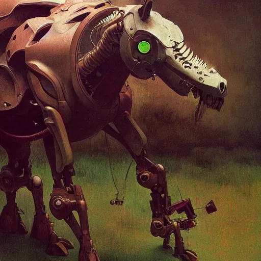 Image similar to carnivorous cyborg horse, by c. leyendecker, degas, simon stalenhag, studio ghibli, barlowe, audobon and beksinski