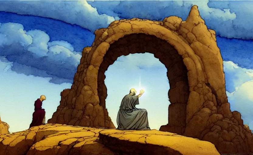 Image similar to a hyperrealist watercolour concept art of a large rock arch dimensional portal in the sky. a medieval monk in grey robes is kneeling in prayer below it on a desert road. by rebecca guay, michael kaluta, charles vess and jean moebius giraud. high detail, hq, wide shot